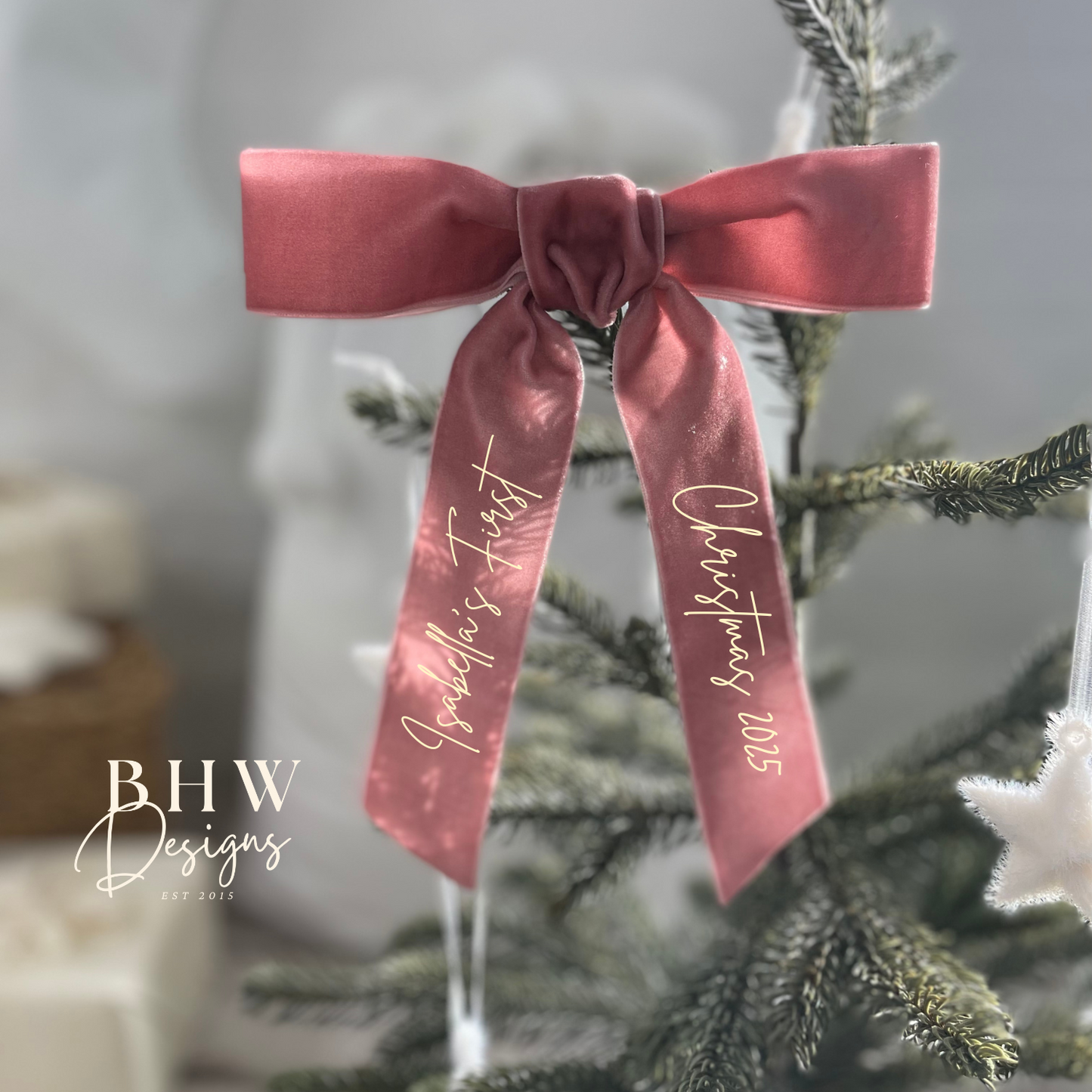 Velvet First Christmas Bow - Dusky Pink