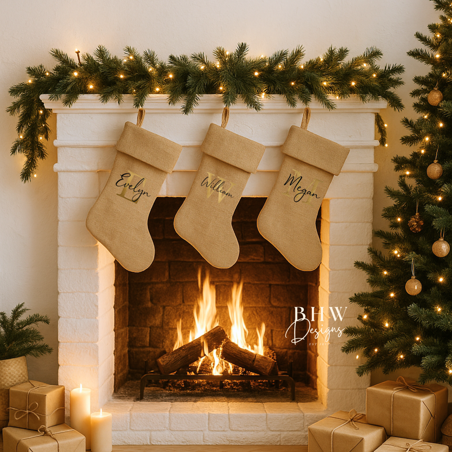 Decorative Christmas scene with Personalised stockings, fireplace, and tree.