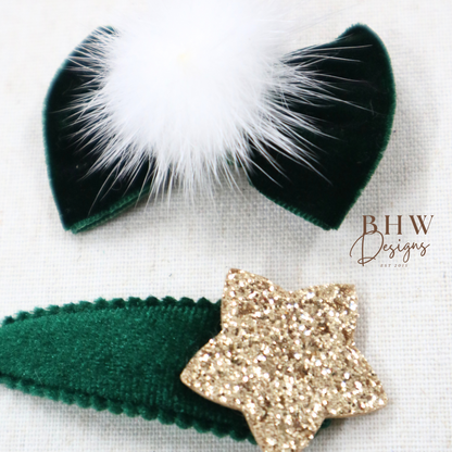 Green Bow and Star hair Clip set