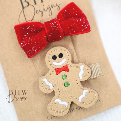Gingerbread man Clip & Red Bow Set