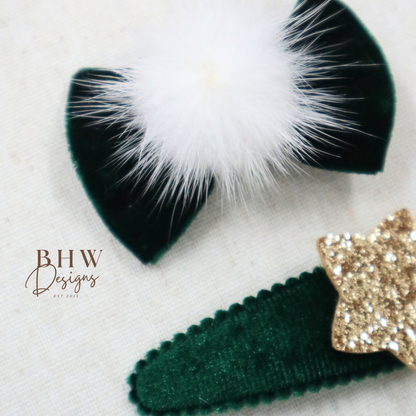 Green Bow and Star hair Clip set
