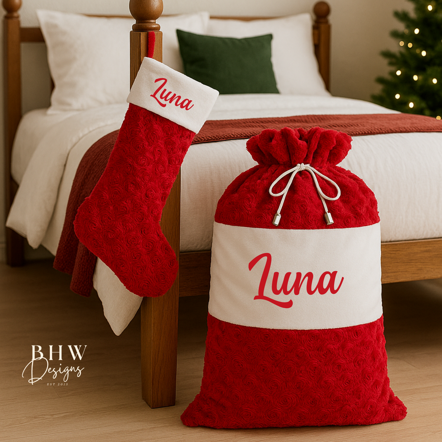 Red and white Christmas stocking with matching santa sack with 'Luna' in red