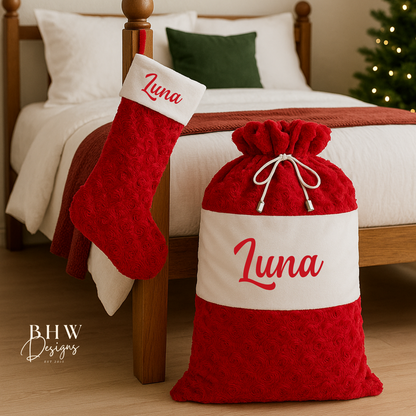 Red and white Christmas stocking with matching santa sack with 'Luna' in red