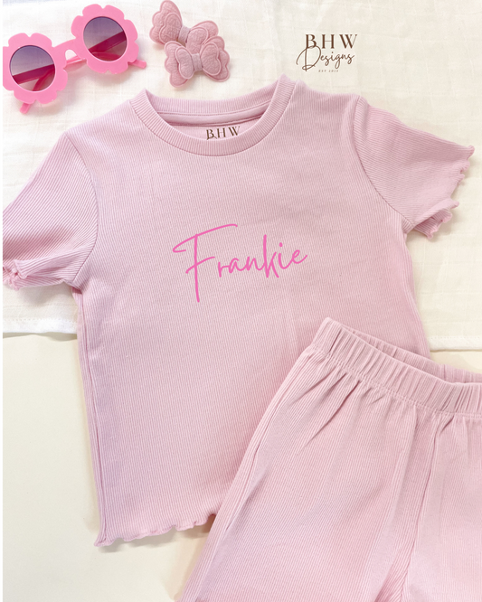 Girl's Ribbed T-shirt and Short Set - Baby Pink
