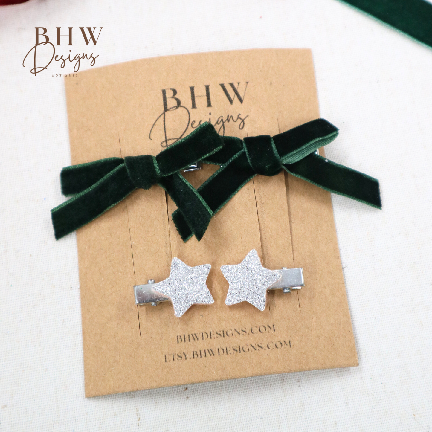 Mini Green Velvet Star Hair Bow Set