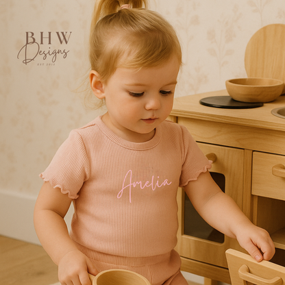 Girl's Ribbed T-shirt and Short Set - Blush Pink