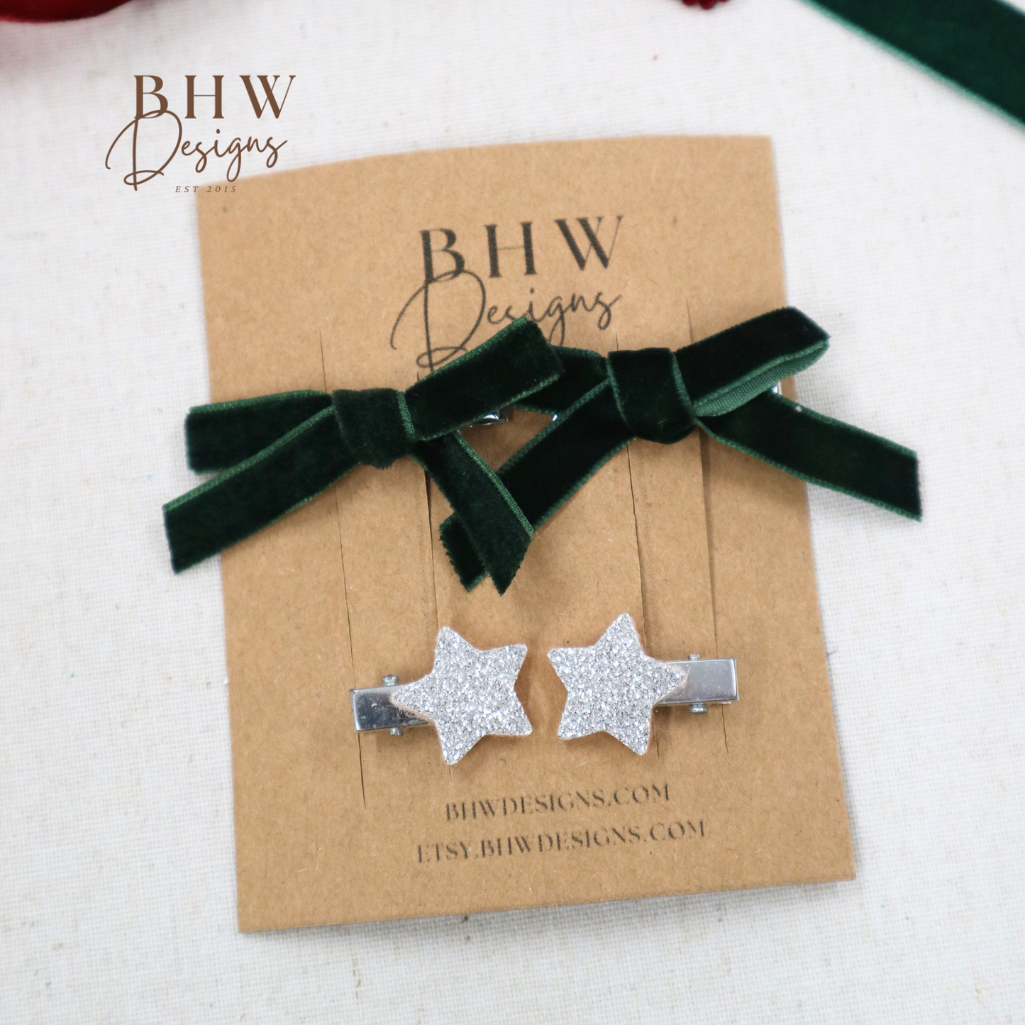 Mini Green Velvet Star Hair Bow Set