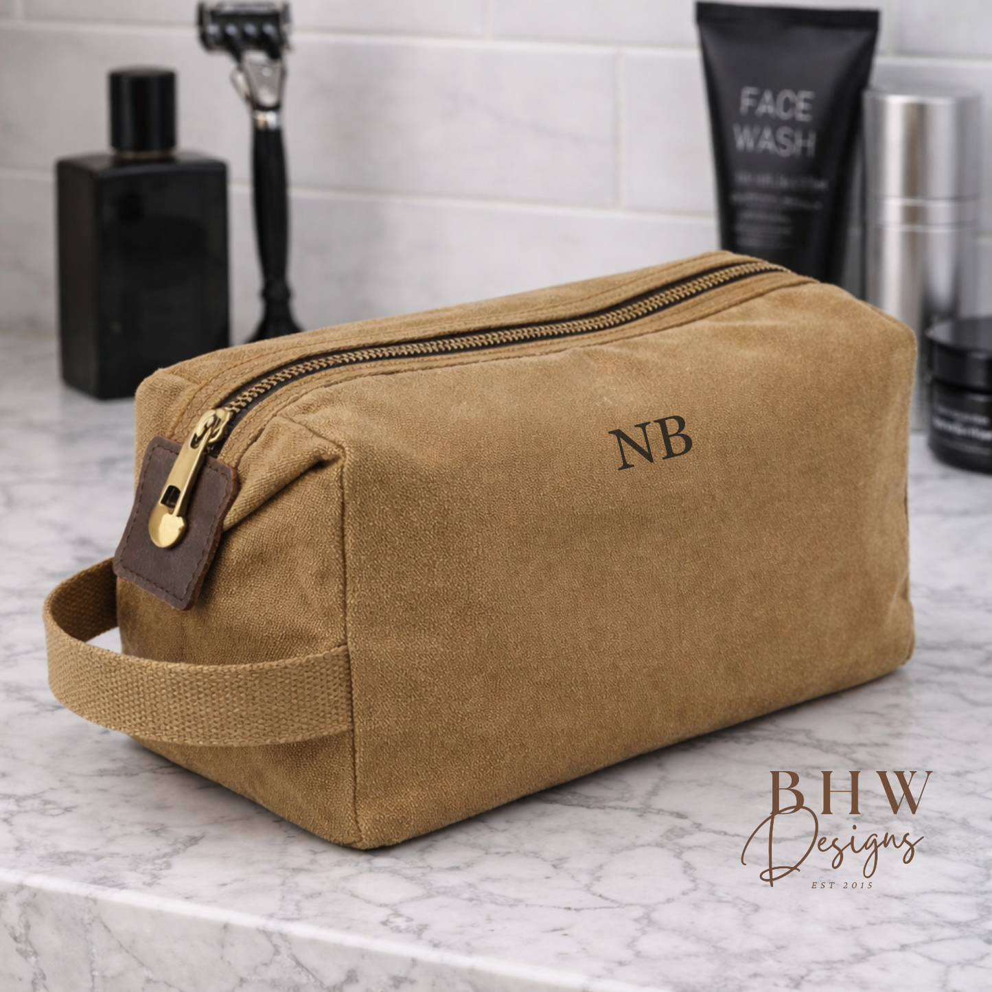 Personalised Waxed Canvas Wash Bag - Camel
