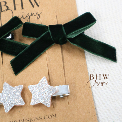 Mini Green Velvet Star Hair Bow Set