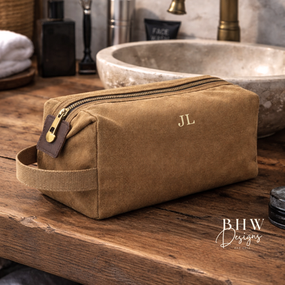 Personalised Waxed Canvas Wash Bag - Camel