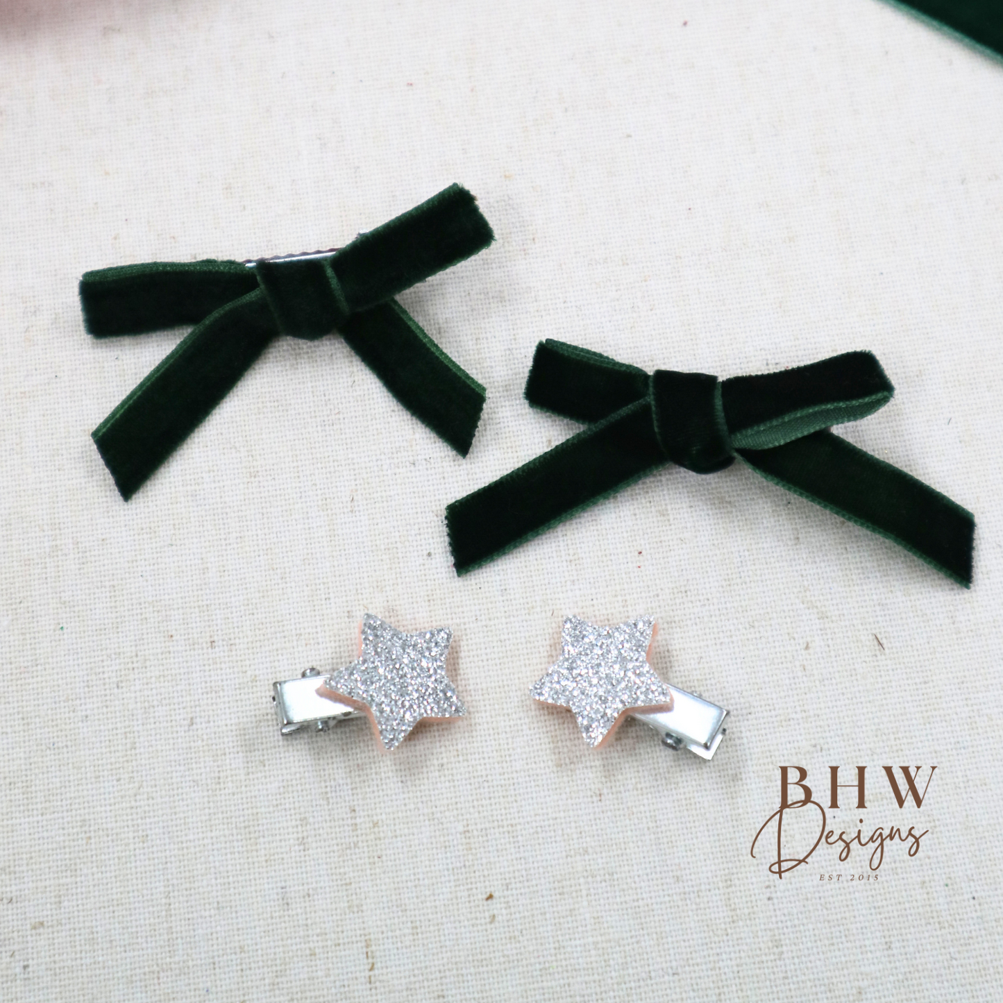 Mini Green Velvet Star Hair Bow Set