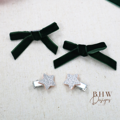 Mini Green Velvet Star Hair Bow Set