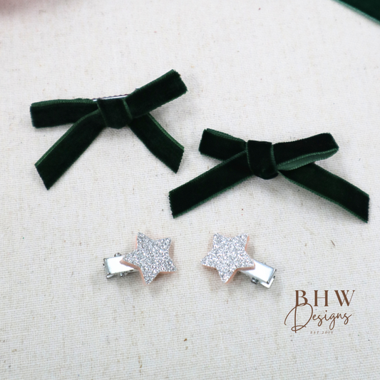 Mini Green Velvet Star Hair Bow Set
