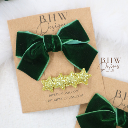 Green Velvet Bow and Star Clip Set