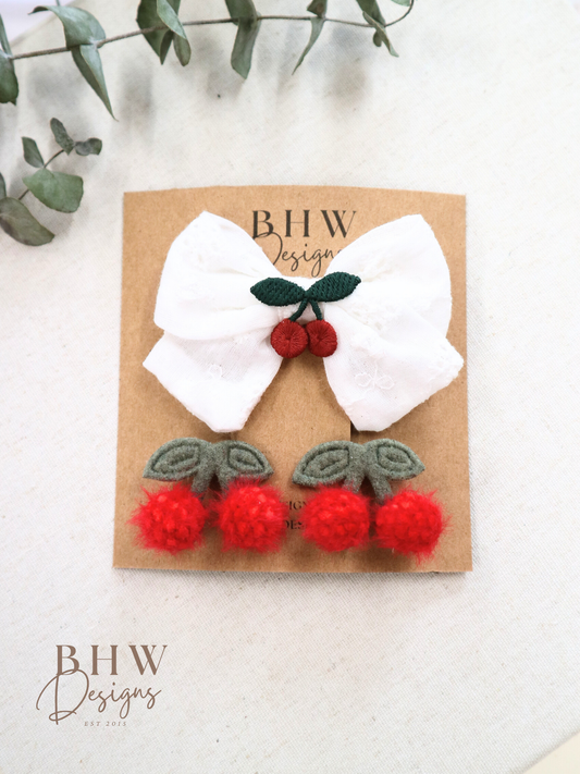 Cherry Hair Bow & Clip Set