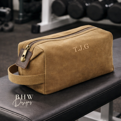 Personalised Waxed Canvas Wash Bag - Camel