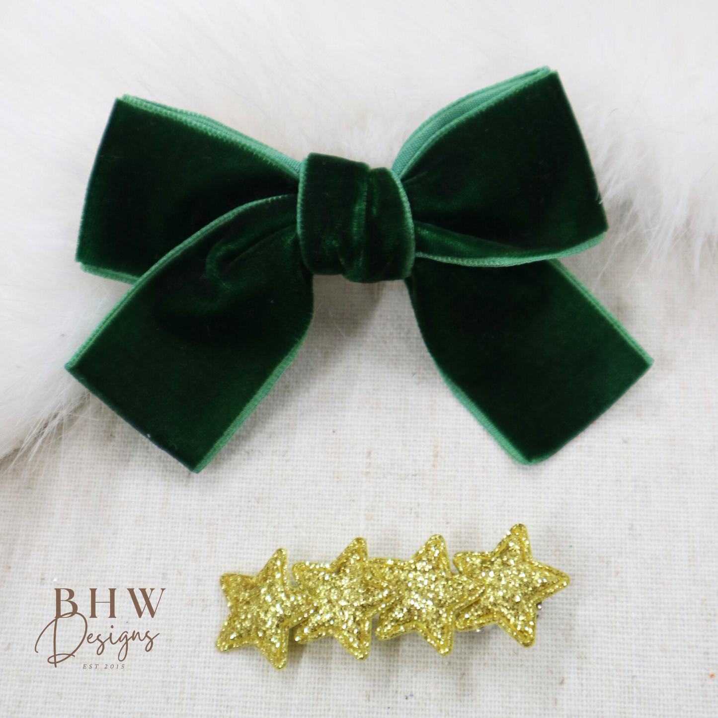 Green Velvet Bow and Star Clip Set