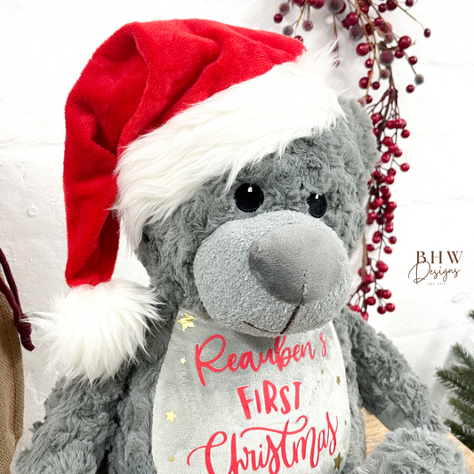 Personalised First Christmas Grey Teddy Soft Toy