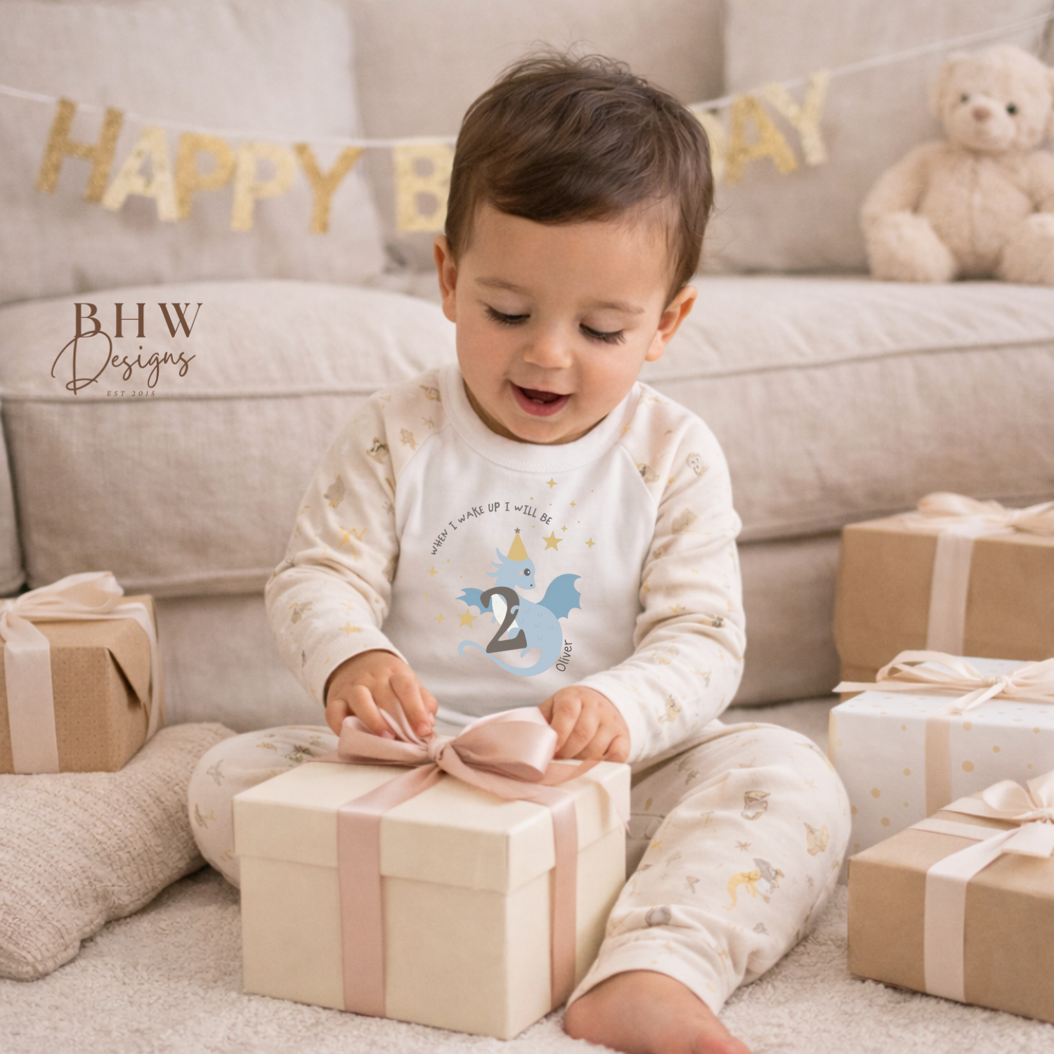 Child opening a gift box with 'Happy Birthday' banner and teddy bear in the background