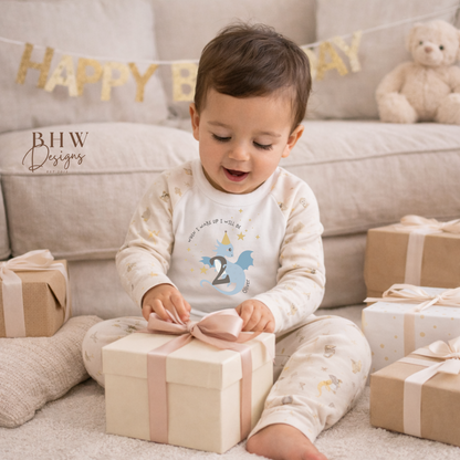 Child opening a gift box with 'Happy Birthday' banner and teddy bear in the background