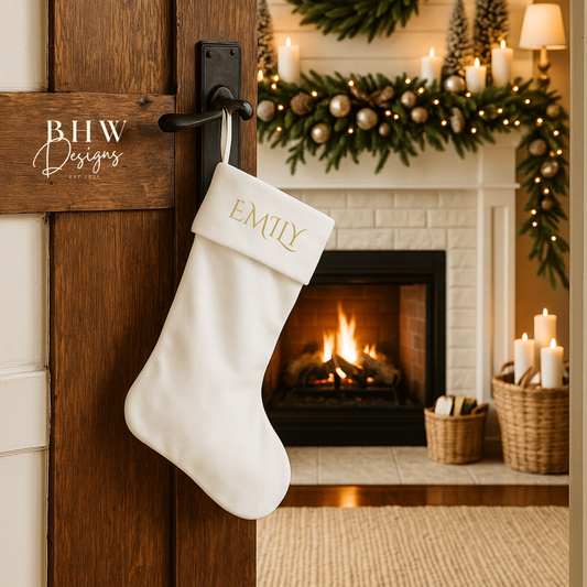 White velvet Christmas stocking with 'EMILY' in gold