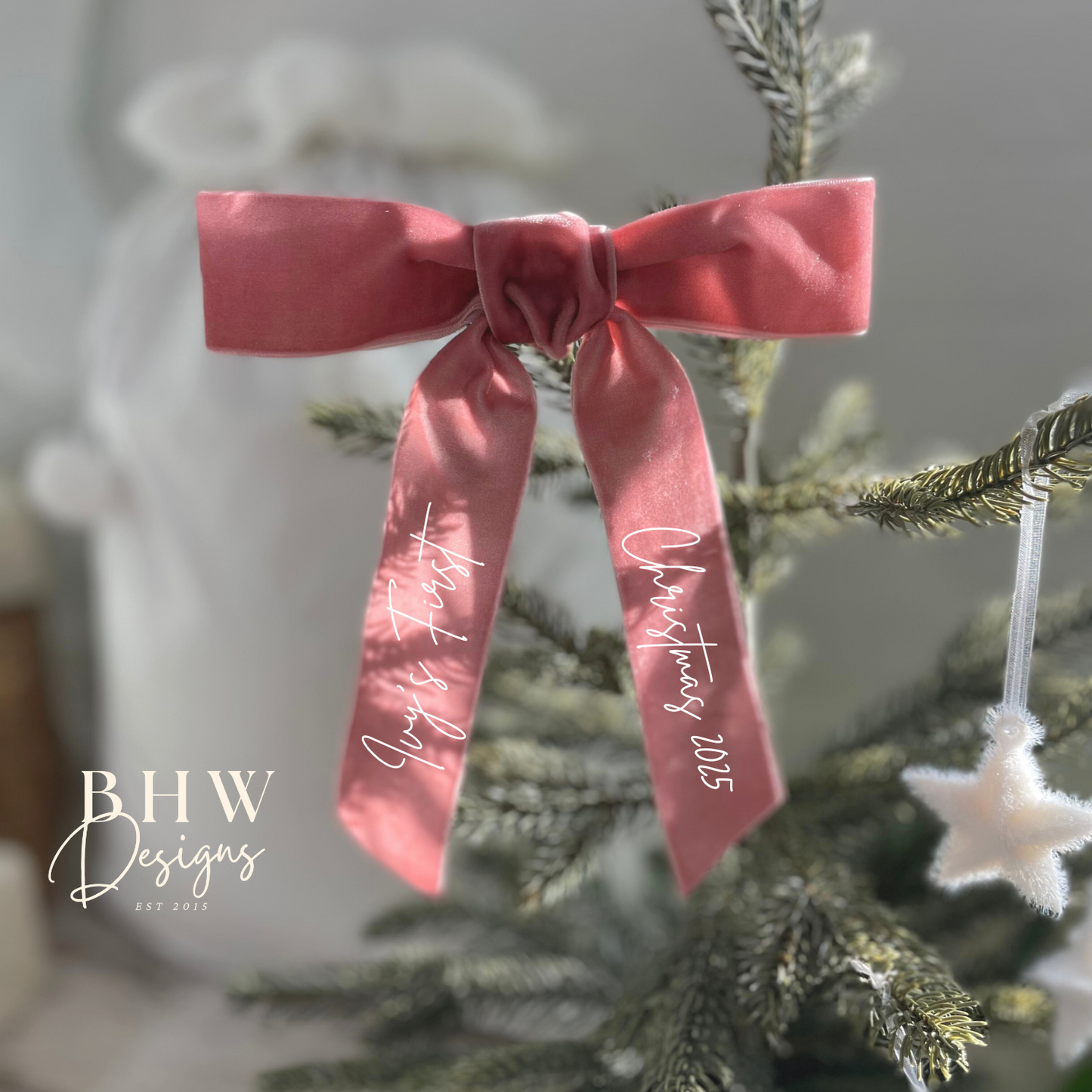 Velvet First Christmas Bow - Dusky Pink