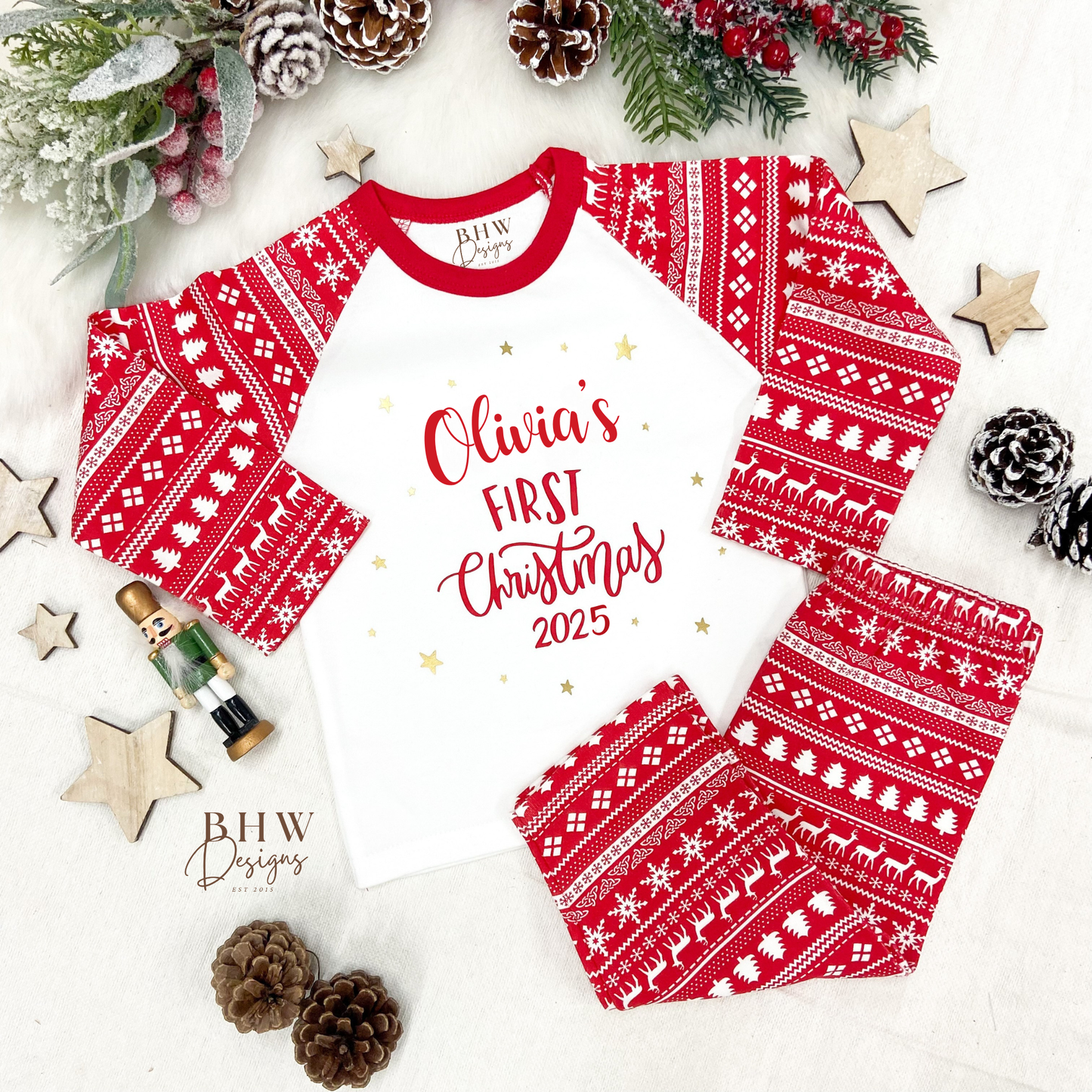 Personalised First Christmas red fair isle Pyjamas