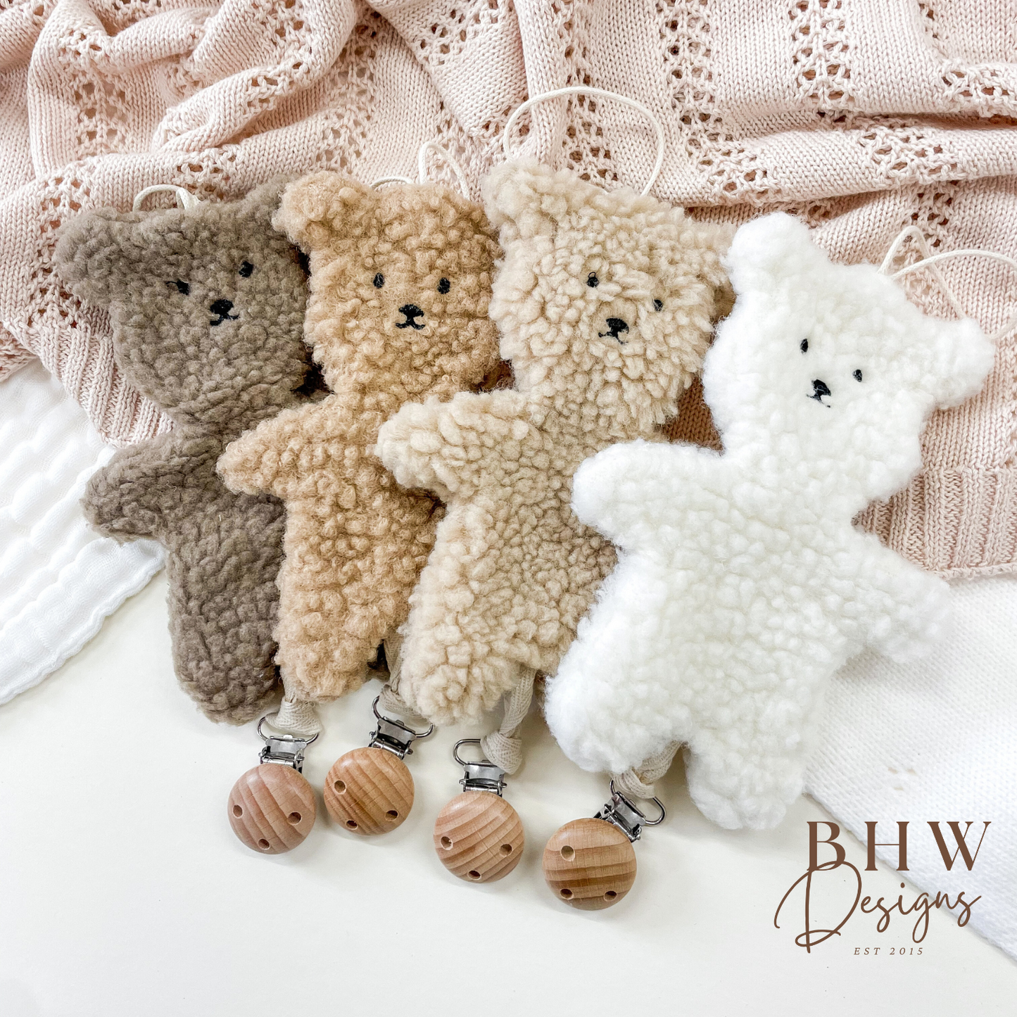 Four plush teddy bear Dummy clip holders 