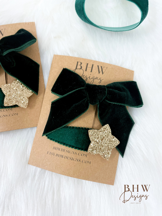 Green Velvet Hair Bow Set