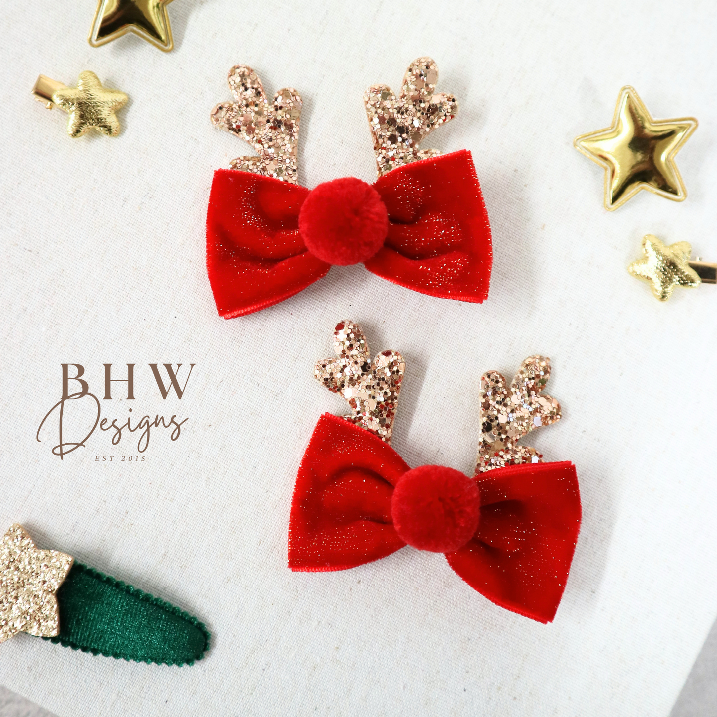 Red velvet bow hair clips with gold antlers 