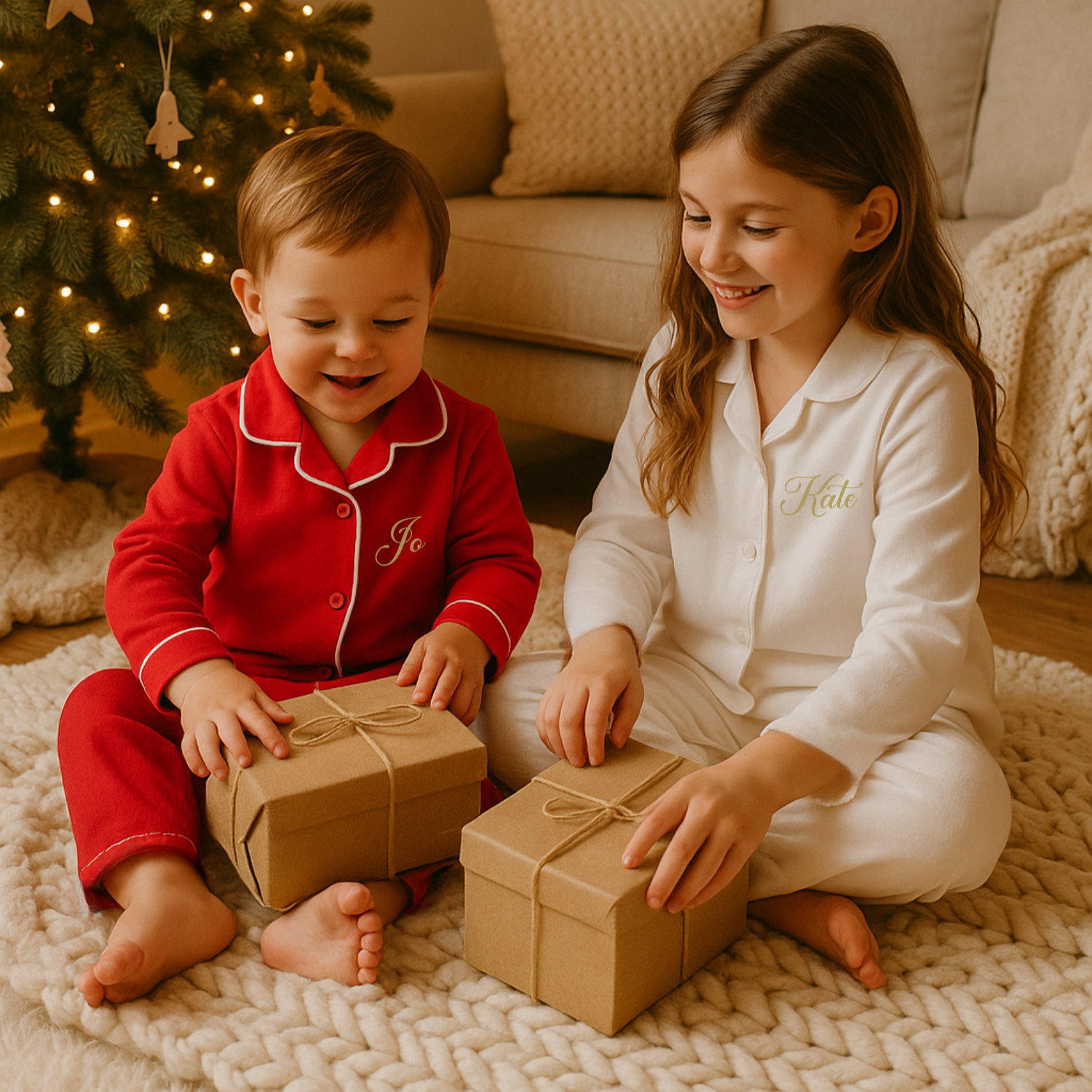 Two children in personalised red and white pyjamas opening small gift boxes in a cozy living room with a Christmas tree.