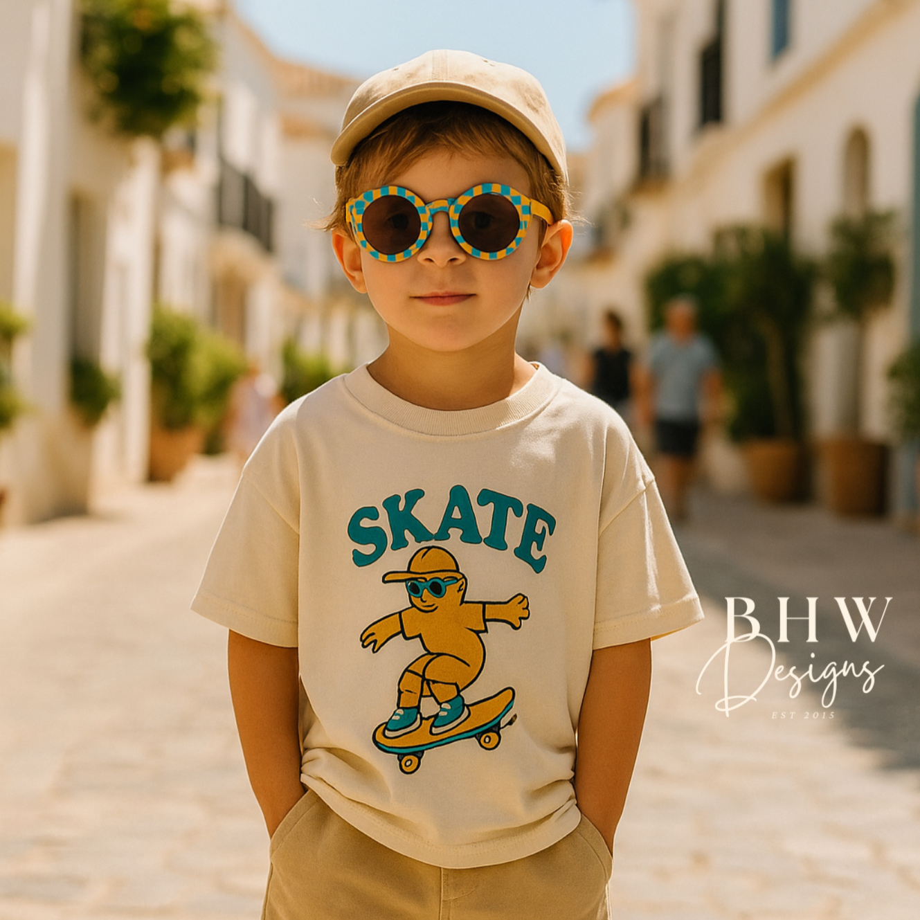 Child wearing mustard and turquoise check sunglasses 