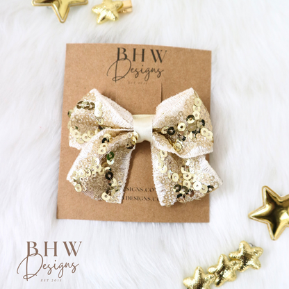 Gold sequin bow hair clip 