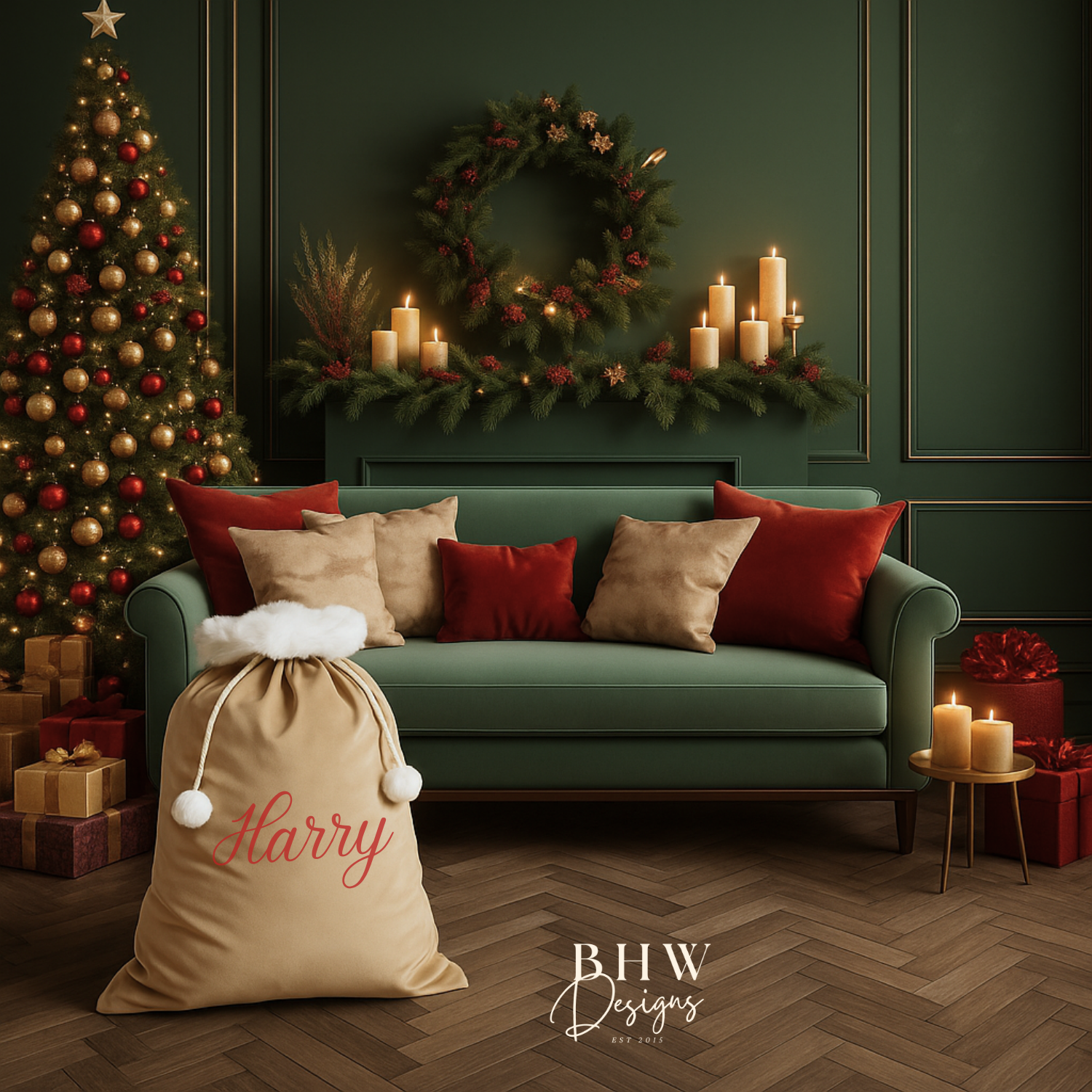 Decorative Christmas living room with a tree, wreath, and personalised beige velvet Santa sack 
