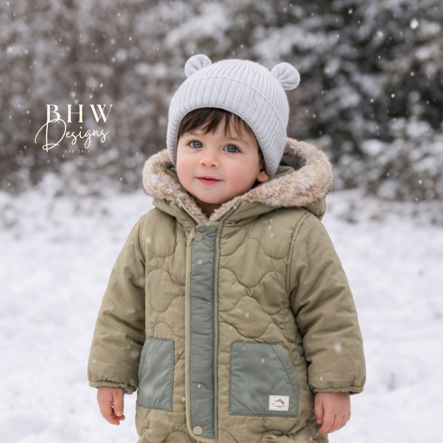 Child wearing a quilted green snowsuit and grey knit hat with bear ears in a snowy landscape. 