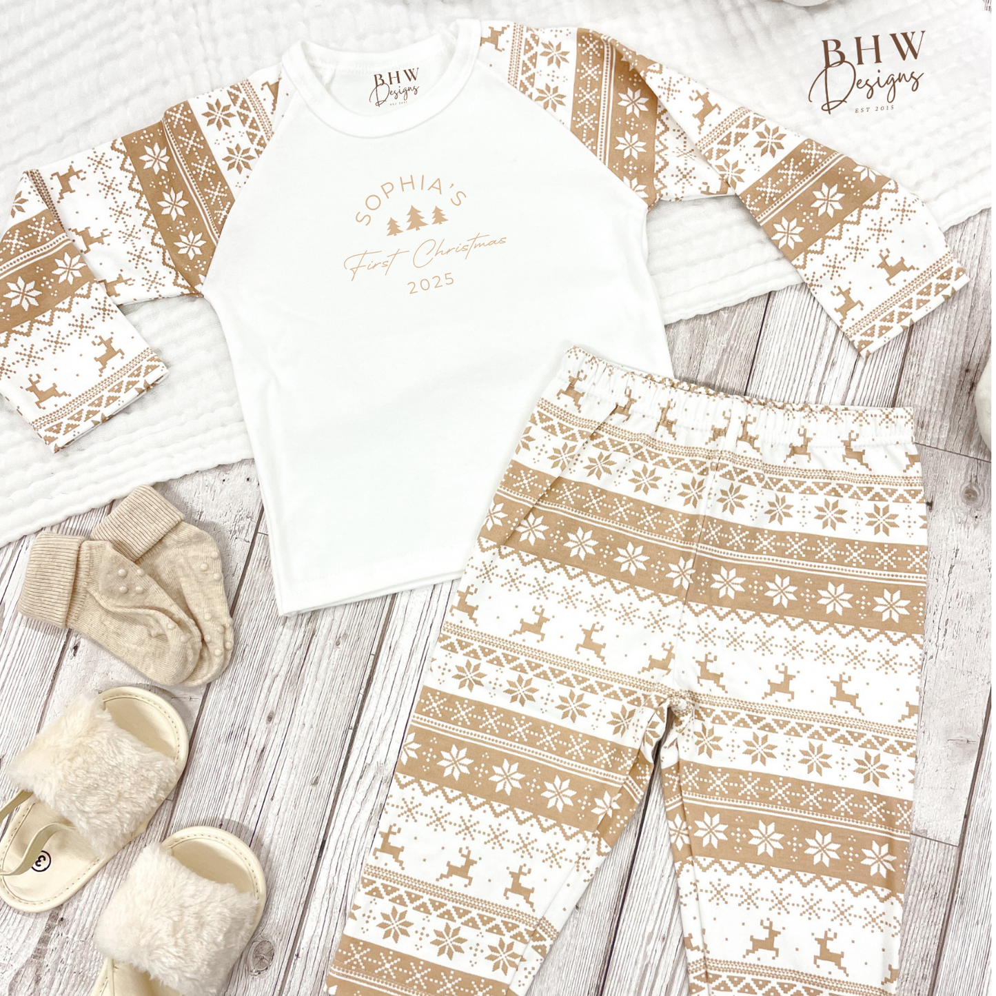 Personalised First Christmas Beige Fair Isle Pyjamas