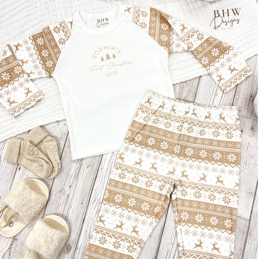 Personalised First Christmas Beige Fair Isle Pyjamas
