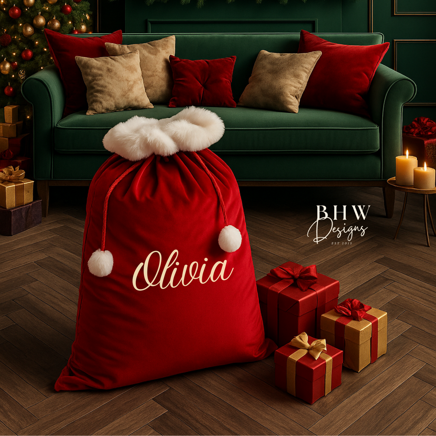 Decorative Christmas scene with a personalised red sack, and gift boxes in a festive room.