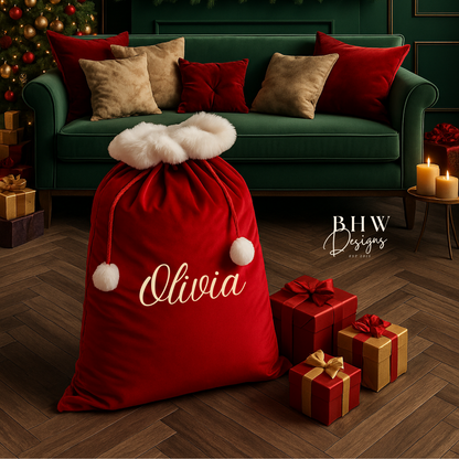 Decorative Christmas scene with a personalised red sack, and gift boxes in a festive room.