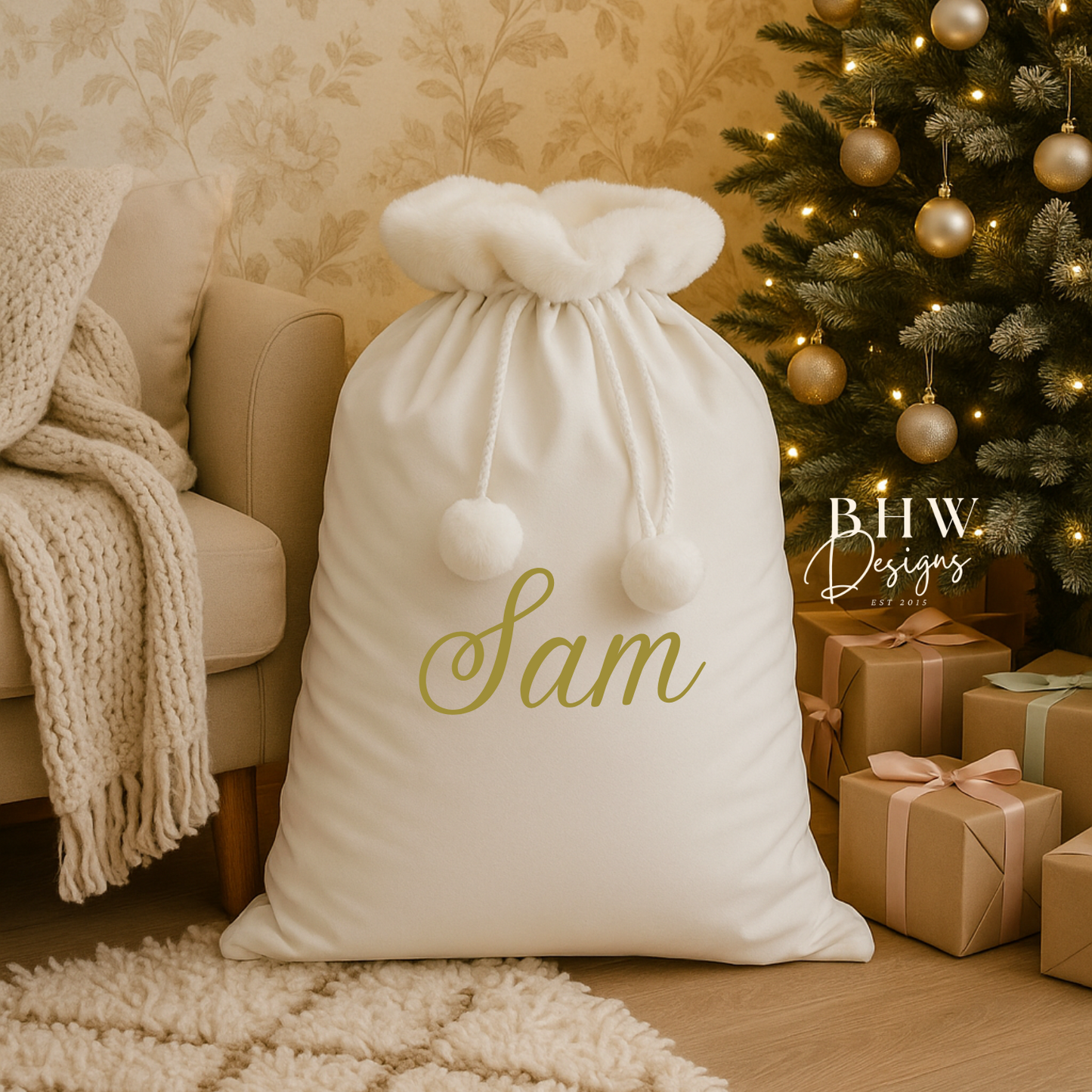 White  Santa sack with white faux fur trim and pom pom's with sam  on the front in Gold