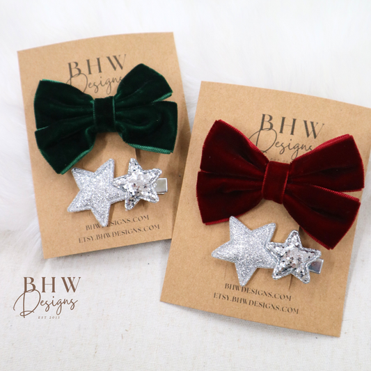 Velvet Bow & Star Clip Set