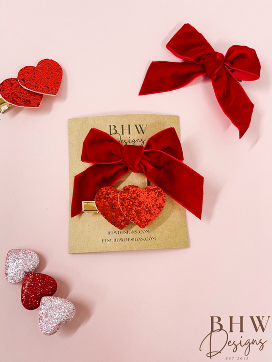 Red Velvet Bow Glitter Heart Clip set