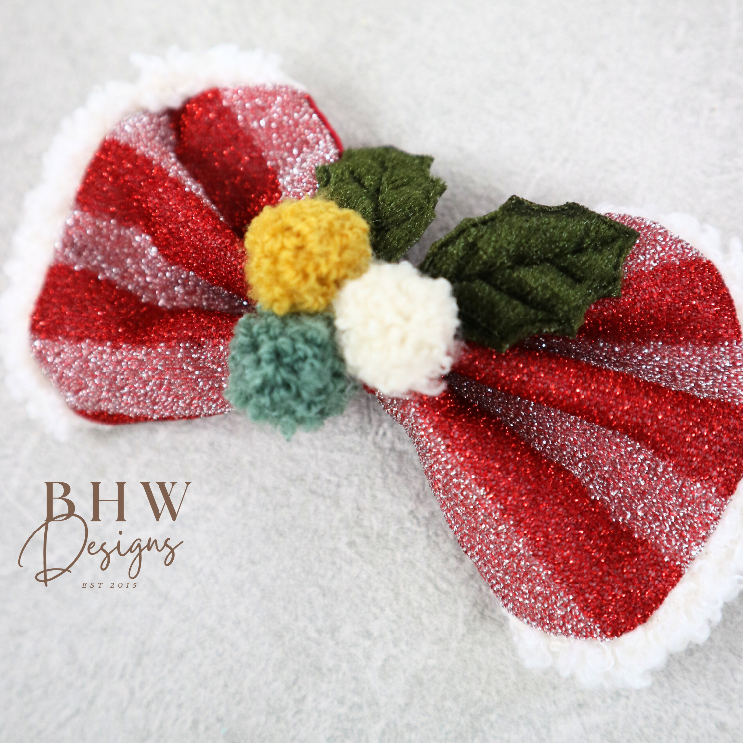 stripe glitter red hair bow with wool pom pom better and green velvet leaves 