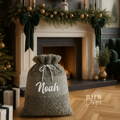 Decorative Christmas scene with a personalised soft grey textured sack 