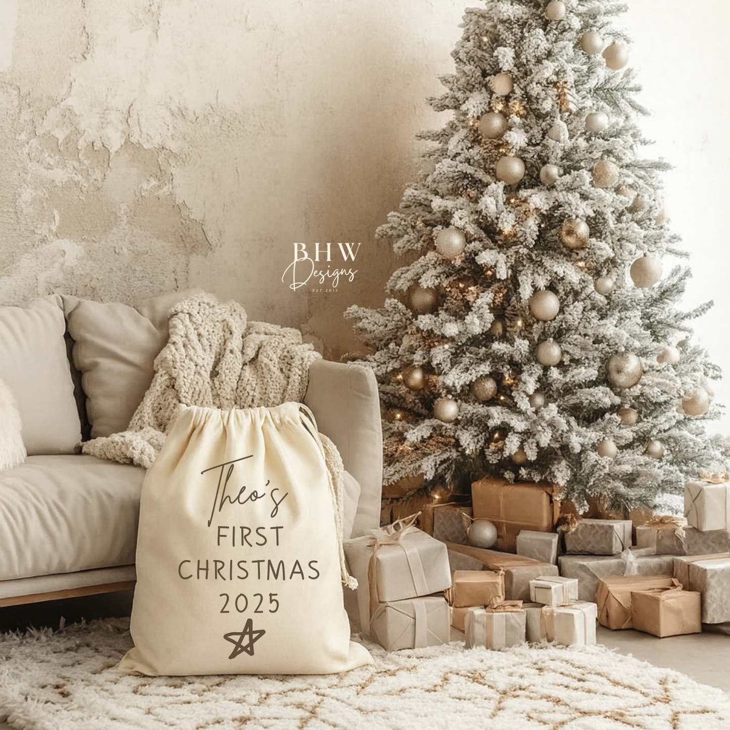 Cotton santa Sack Personalised with a name and my first Christmas 2025 in brown