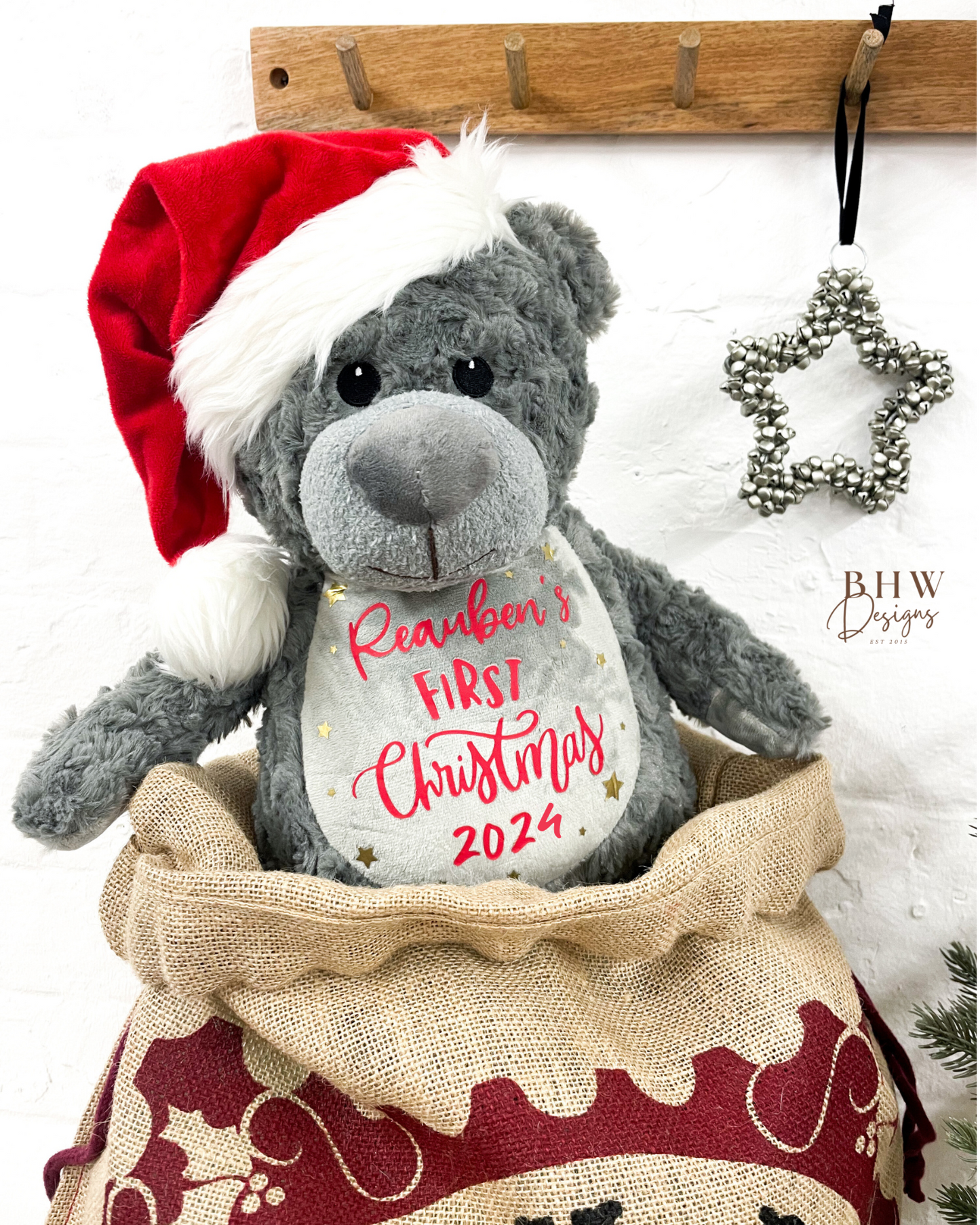 Personalised First Christmas Grey Teddy Soft Toy