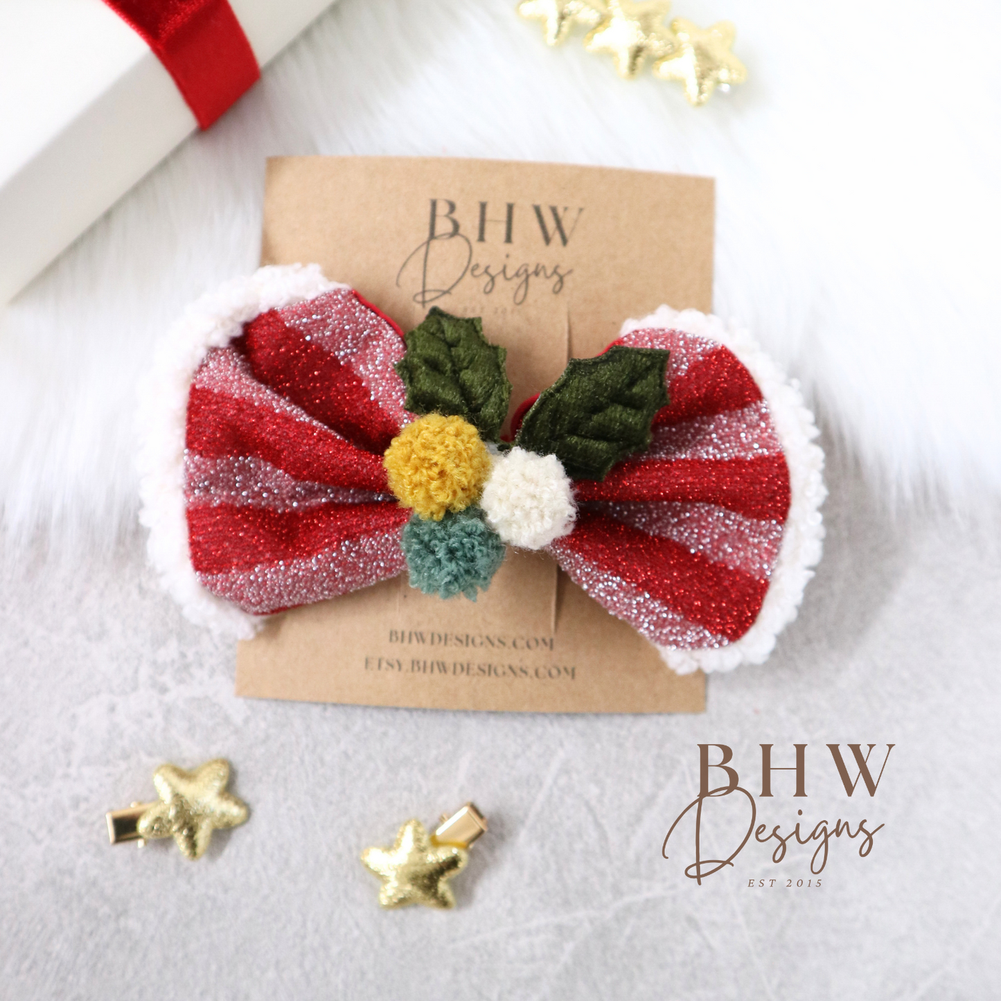 stripe glitter red hair bow with wool pom pom better and green velvet leaves 