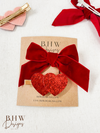 Red Velvet Bow Glitter Heart Clip set