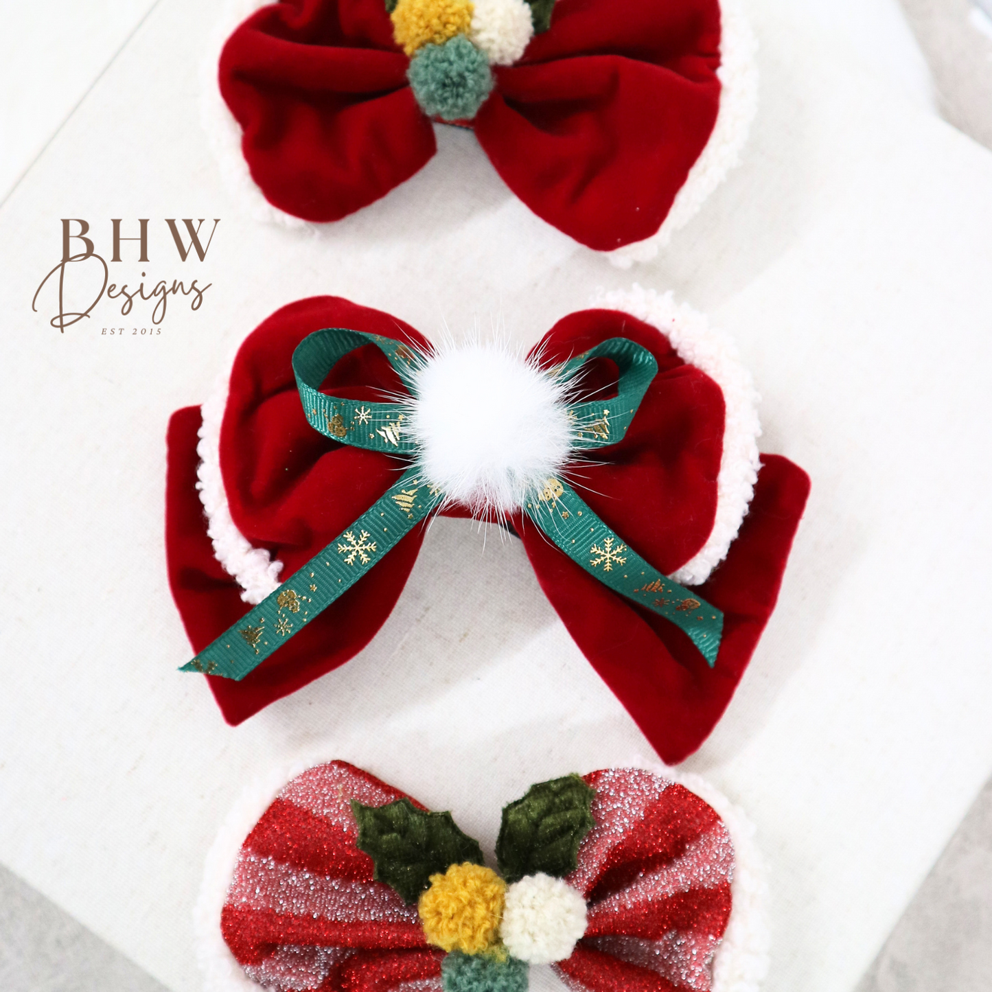 Red Velvet Hair Bow with Green Ribbon & White Pom Pom