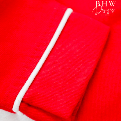 Close up of the brushed cotton sleeve with white binding 